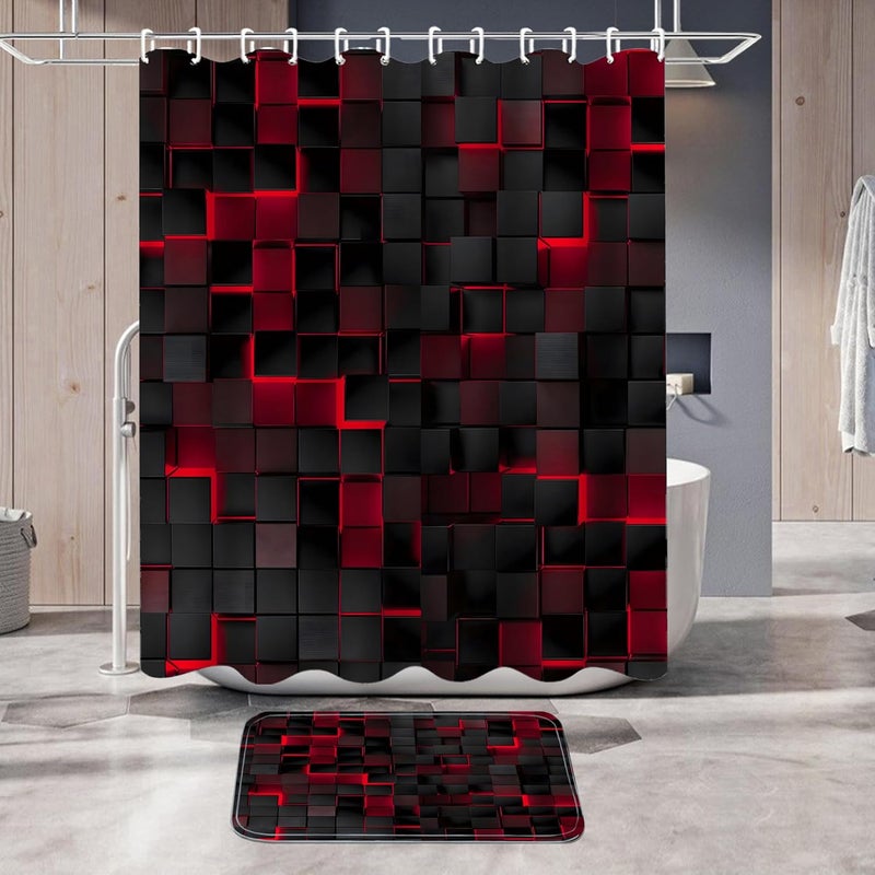 LQCOOL 4Pcs Shower Curtain Set Black 3D Cubes Shower Curtain Set Modern Bathroom Sets with Shower Curtain and Rugs Red Shower Curtain with 12 Hooks - Image 5